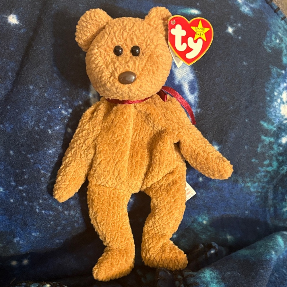 Ty Tan Plush Bear with Red Ribbon